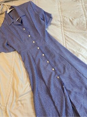 Vintage Blue and White 50s Style Button Down Dress with Shoulder Pads